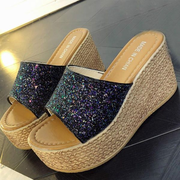 

2021sagace shoes women black platform sandals bling pumps 5cm heels rubber beach female open toe wedge slippers