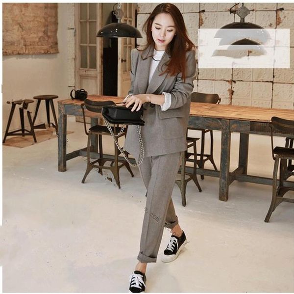 

solid women pant suits office lady notched collar blazer jacket & pencil female suit two piece dress, White
