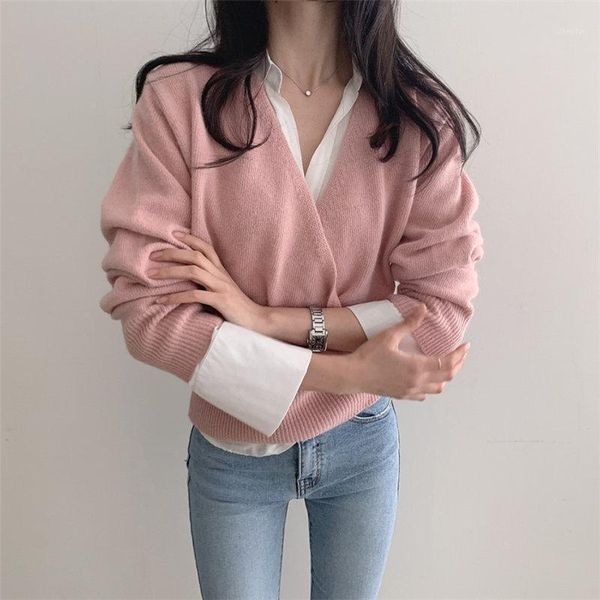 

spring v-neck gentle women high waist knitted jumpers chic sweaters loose elegance solid all match office lady women's, White;black