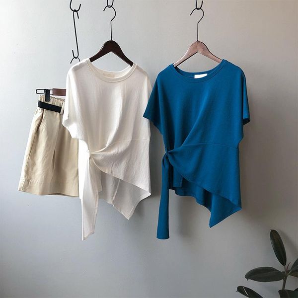 

women's t-shirt summer chic short sleeve design feeling bandage bottomed shirt leisure female simple white tees 7959