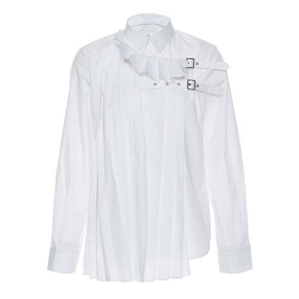 

women's blouses & shirts cultiseed women metal buckle decoration pleated office work party female fashion long sleeve white color