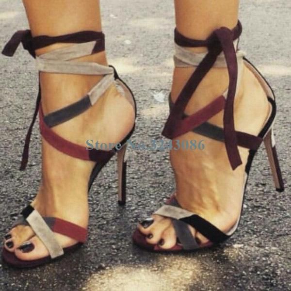 Faux Wildleder Patchwork dünne High Heel Sandalen Kontrastfarbe Knöchelriemen Stiletto Sommerschuhe Cross Tie Lace Up Damen