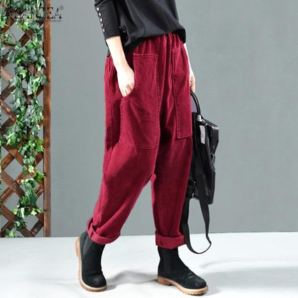 

women's pants & capris zanzea women solid long trousers spring vintage corduroy casual elastic waist loose harem female turnip pantalon, Black;white