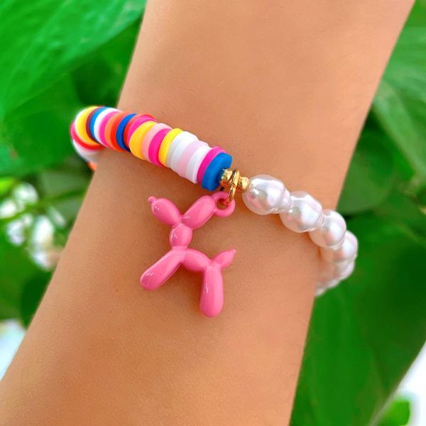 

charm bracelets 2022 cute balloon dog pendant pink clay beaded bracelet for women lovely puppy animal pearl chain y2k jewelry, Golden;silver