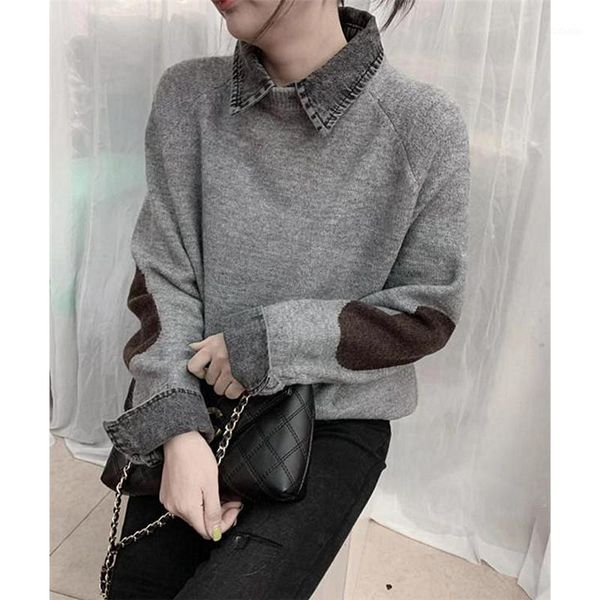 

fake two piece denim collar loose casual versatile sweater for women's autumn and winter wear languid 2021 style pullover sweaters, White;black