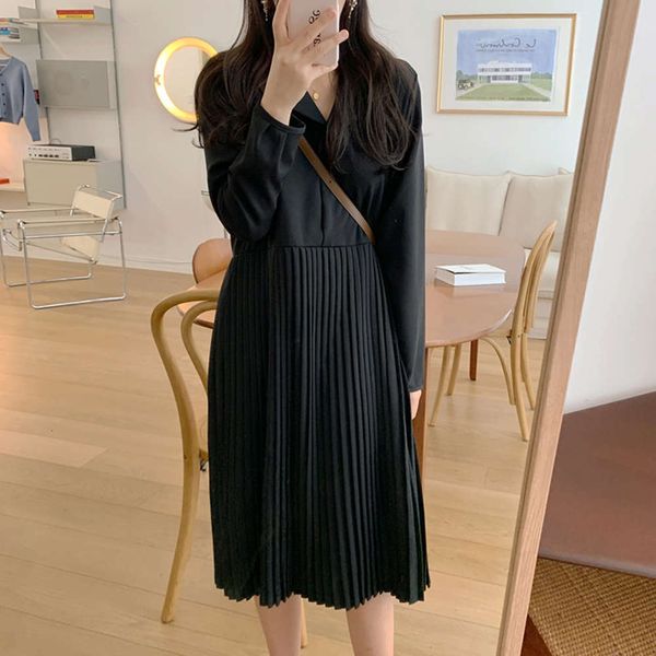 

casual dresses dress spring and autumn women's medium length french style age reducing long sleeve v-neck pleated skirt 200kg bv1b, Black;gray