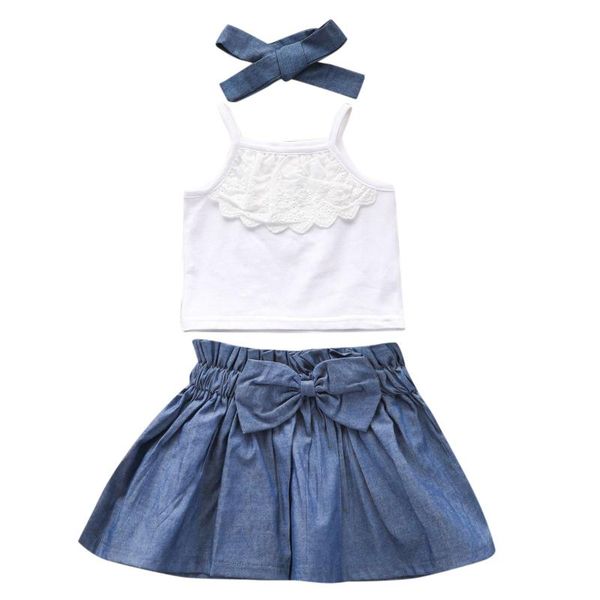 

clothing sets infant toddler baby girls solid lace sleeveless bowtie denim skirt outfits t-shirt shorts 2pcs outfit cotton casual cloth, White