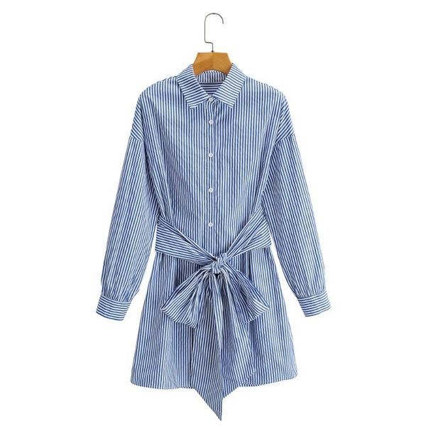 

autumn dress for women with long sleeves and waist tie shirt striped belt bow casual dresses, Black;gray