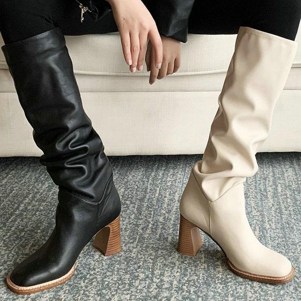

boots square toe women's office 2021 fall winter knee high heels wide leg est slim long shoes woman, Black