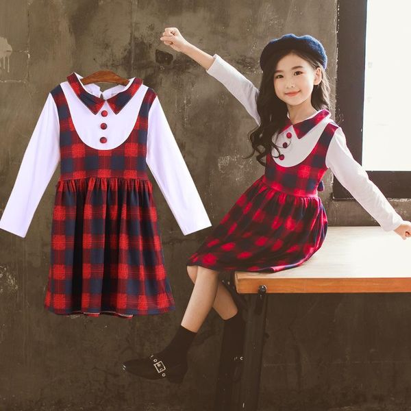 

girl's dresses baby girl long sleeved dress 2021 spring autumn girls fashion plaid patchwork lapel 3-12 years kids preppy style clothes, Red;yellow