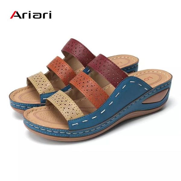 

slippers ariari summer women 2021 rome retro casual shoes thick bottom wedge open toe sandals beach slip on slides female, Black