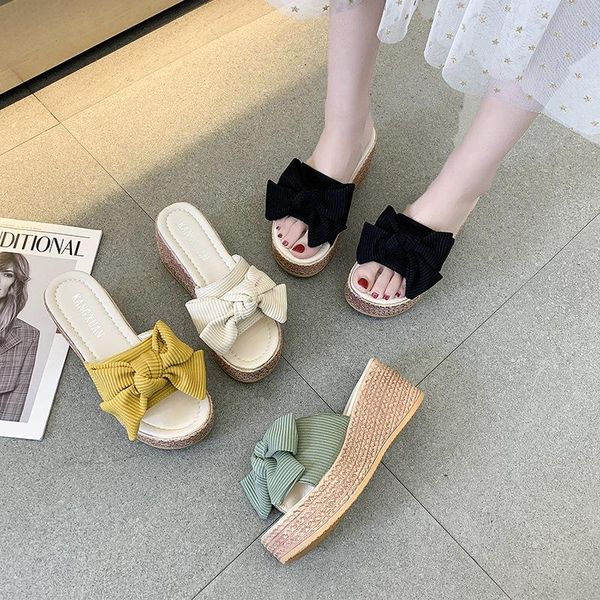 

butterfly-knot shoes woman 2021 on a wedge slippers summer pantofle low platform pu basic rome hoof heels rubber fabric buslippers, Black