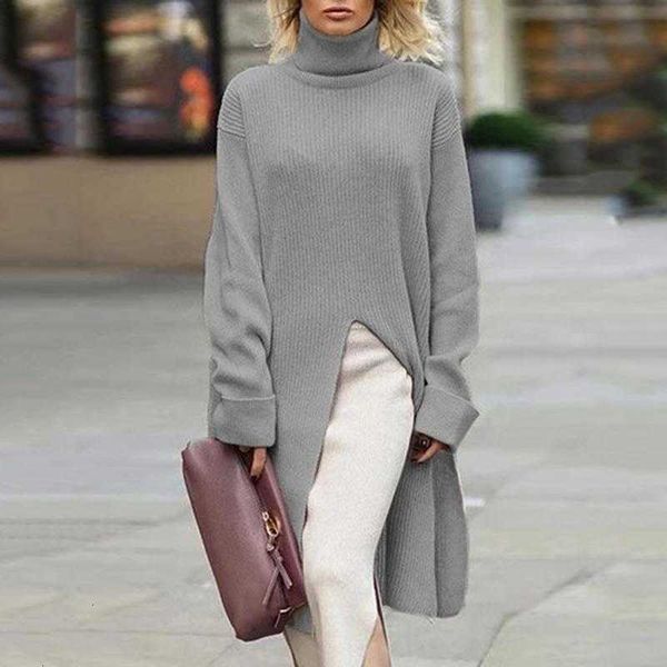 

women autumn winter knitted oversized long sleeve split long dress elegant korea loose turtleneck maxi sweater dresses_yw_rw, Black;gray