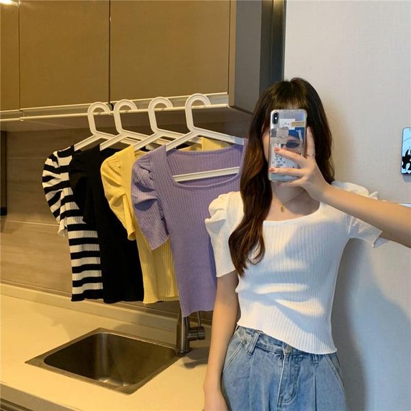 

women's t-shirt student black square neck short-sleeved female summer korean style slim slimming casual top, White