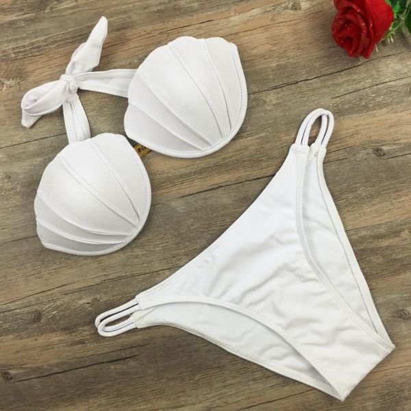 

women's swimwear 2021 bikini solid push up gradient suspender white color swimsuit shell style beach two-piece, White;black