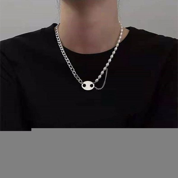 

chains pearl stitching pig nose necklace male personality street ins hip hop punk style titanium steel clavicle chain men gift jewelry, Silver