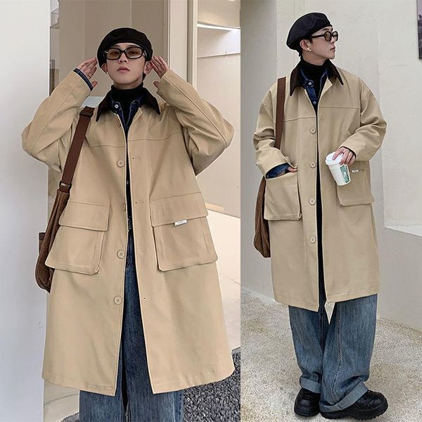 

men's trench coats 2021 fashion trend long single breasted solid color windbreaker black/green/khaki lapel collar outerwear, Tan;black