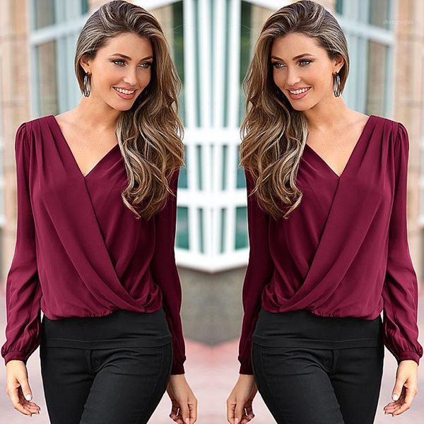 

women's blouses & shirts 2021 fashion casual ly blouse 3 style long sleeve v-neck loose chiffon back lace size s//l/xl, White