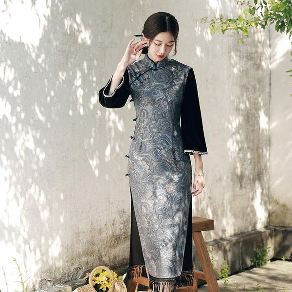 

ethnic clothing autumn winter women chinese style elegant slim suede cheongsam traditional orientale long sleeve qipao vestido, Red