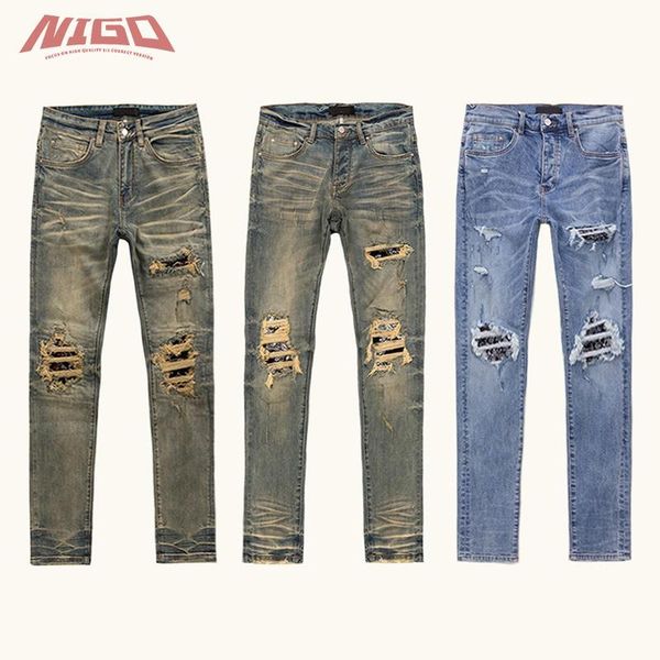 

men's pants nigo 20ss amr cashew flower stretch slim jeans denim, Black