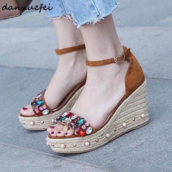 

color women's genuine suede leather wedge platform sandals ankle strap summer female high heels sandalias rhinestone shoes dress, Black