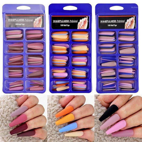 

mix 5colors matte fake nail art tips long ballerina coffin nails abs full cover fasle manicure press on1, Red;gold