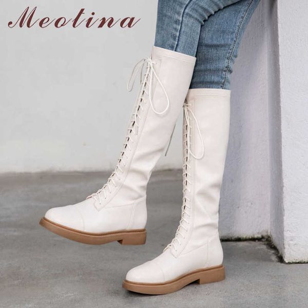 Meotina Echtes Leder Flache Plattform Motorradstiefel Kniehohe Stiefel Frauen Schuhe Schnüren Stretch Lange Stiefel Dame Herbst Beige 210608