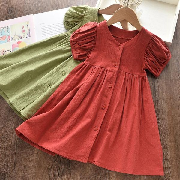 

girl's dresses children toddler baby kids clothes girls summer o-neck short sleeve button solid color princess, Red;yellow