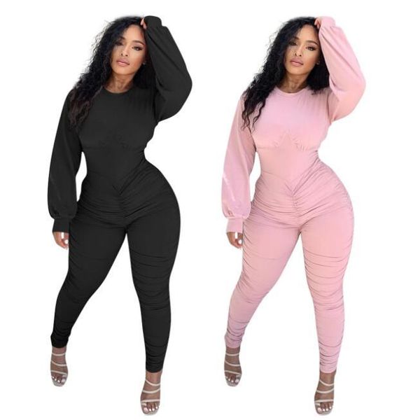 

autumn solid stacked jumpsuit women skinny active wear ruched rompers streetwear long sleeve bodycon one piece overalls women's jumpsui, Black;white