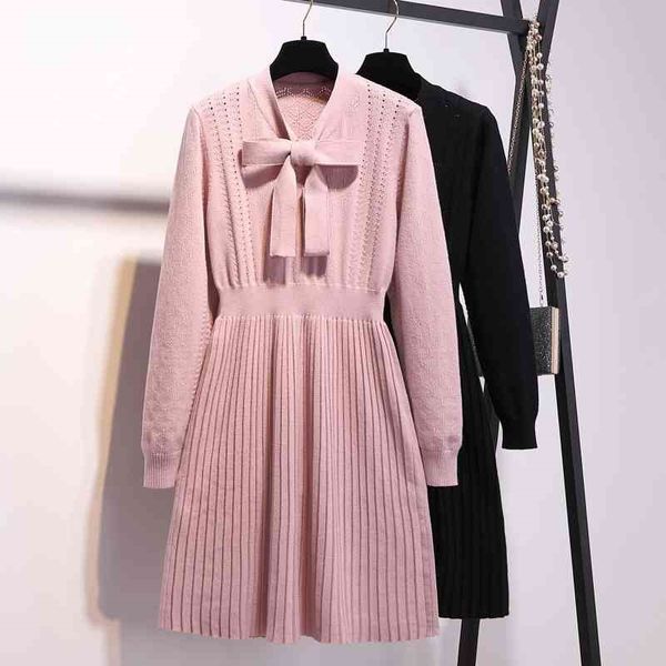 

winter women pink bow tie collar sweater dresses plus size mini knitted female pullover pleated dress vestidos xxxl 210416, Black;gray