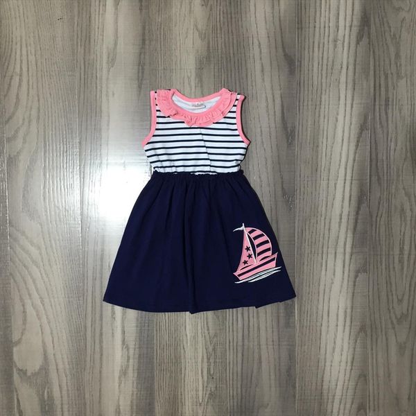

summer baby girls boutique cotton girl dresses children kids clothing ruffles sleeveless navy coral stripe sailboat, Red;yellow