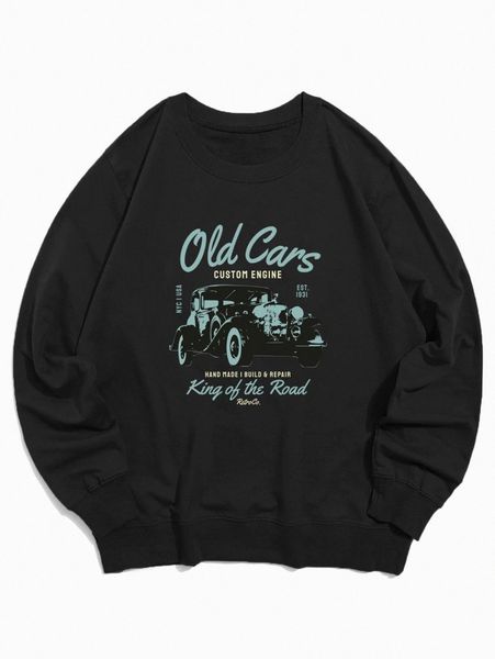 

romwe guys letter car graphic sweatshirt 38v4#, Black
