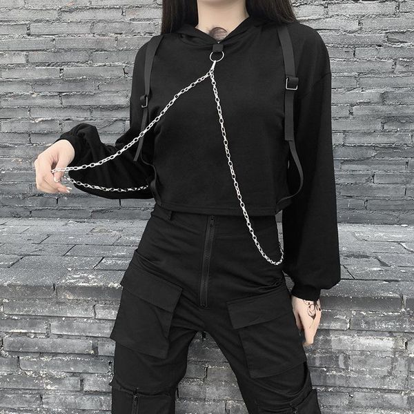 

women's hoodies & sweatshirts renaissance korea harajuku chic sweatshirt gothic dark street girl punk style chain sporty hoodie, Black