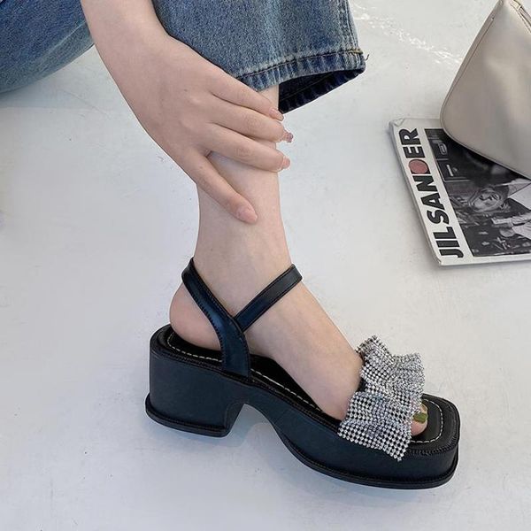 

sandals for girls 2021 summer square heel high heels female diamond fashion buckle strap flat platform shoes women, Black