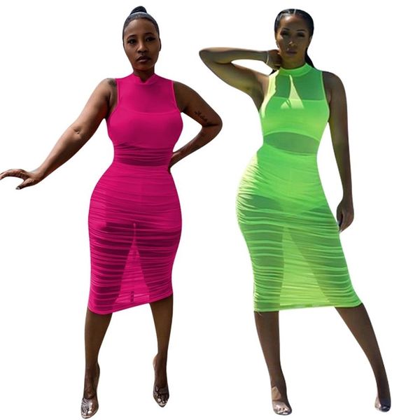

neon pink holiday festival beach wear women see through ruched o neck sleeveless perspective female clothes 210517, Black;gray