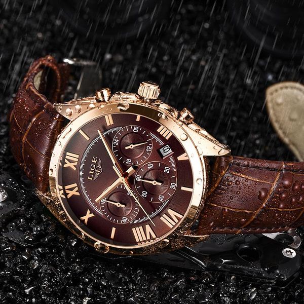 

wristwatches lige watch for men waterproof 24 hour date quartz clock brown leather sports wristwatch relogio masculino 2021, Slivery;brown