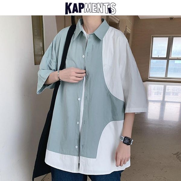 

men korean overiszed patchwork shirts 2021 spring mens half sleeve fashions harajuku streetwear shirt man casual blouse men's, White;black