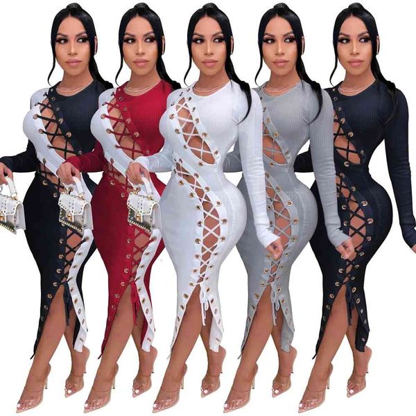

casual dresses elastic hight lace up hollow pencil es women long sleeve side split package hip fashion color block y30y, Black;gray