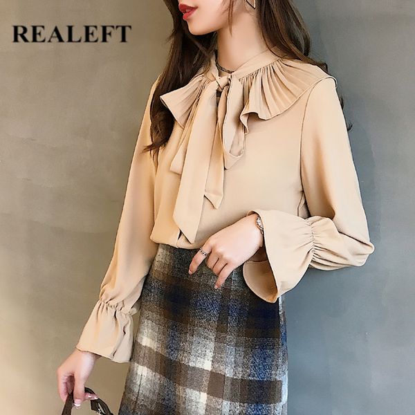 

spring work wear women's shirt female blouse lantern sleeve bow lotus collar korean ol style women blouses 210428, White