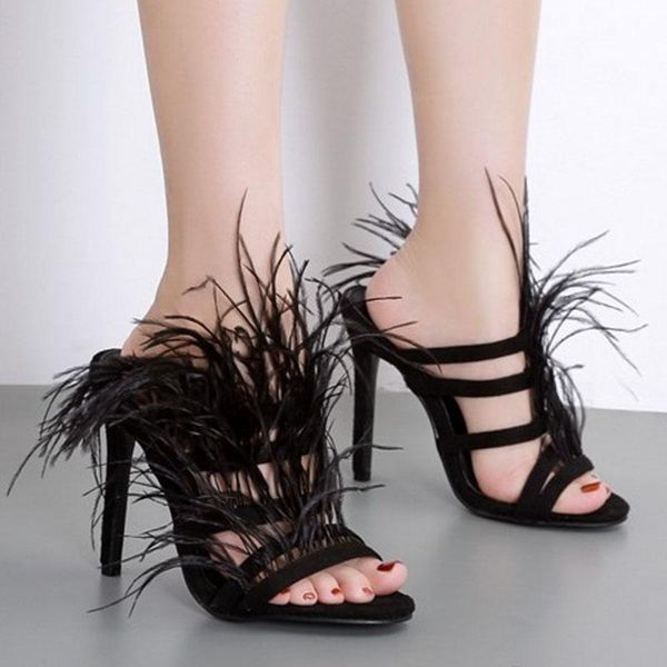 

sandals women summer shoes woman high heels ladies spring fashion designer style feathers party, Black