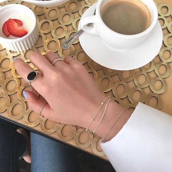 

bangle rlx252 korean s925 sterling silver personality minimalist beads chain double bracelet student girl, Black