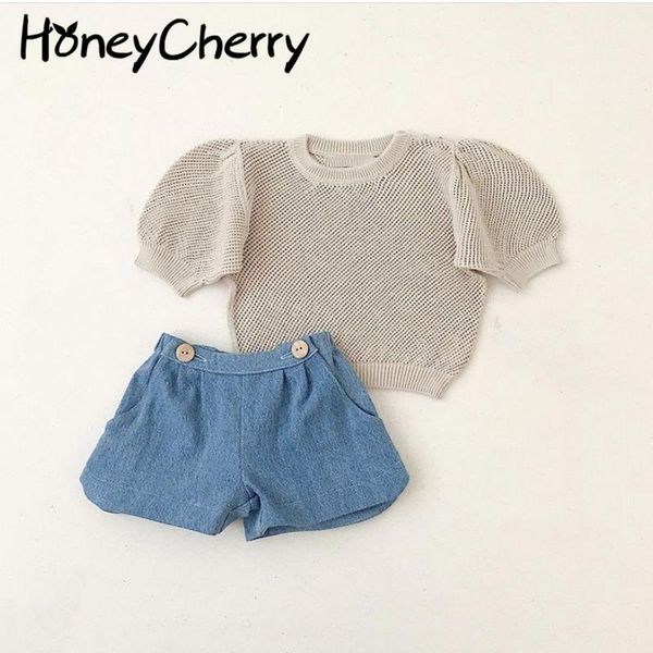 

girls short-sleeved summer baby puff sleeve hollow clothes sweater girl pullover, Blue