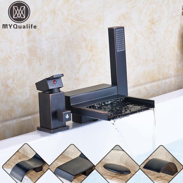 

deck mounted 3pc waterfall bathroom tub mixer faucet single lever with handshower bathtub and cold taps shower sets