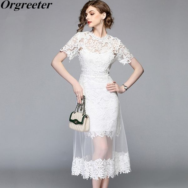 

est summer white lace long dress vestidos verano women water soluble lace mesh patchwork perspective 210525, Black;gray
