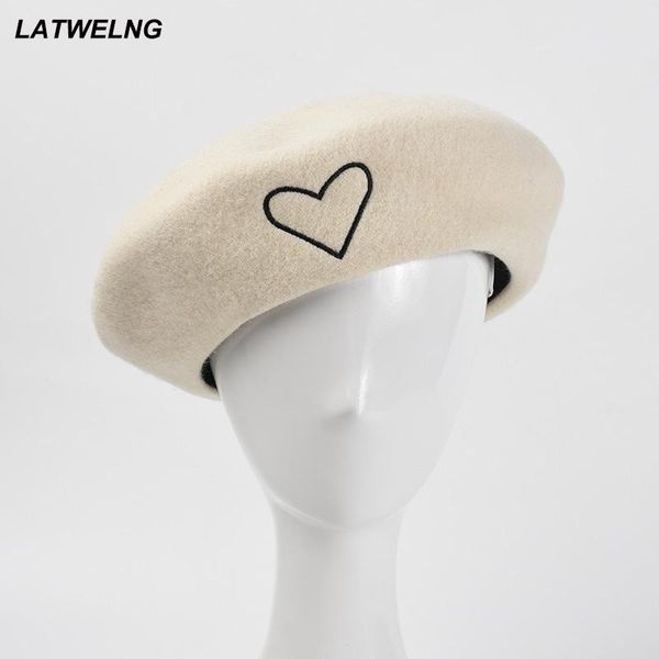 

berets fashion love embroidery beret hats for women winter warm fedoras caps white black wedding wholesale, Blue;gray