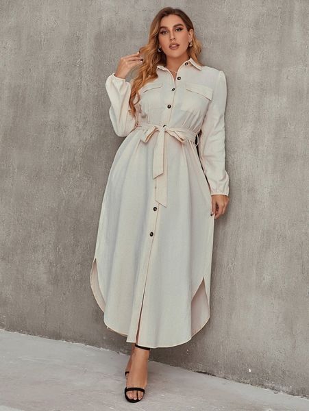 

plus flap pocket curved hem belted shirt dress z1fm#, Black