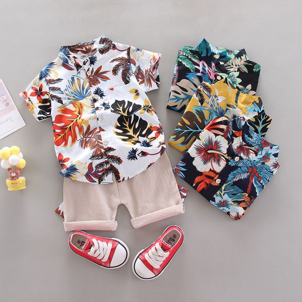 

children summer lapel shirt set boys' printed short sleeve shorts two piece suit, White