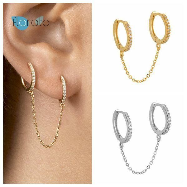 

hoop & huggie yuxintome 925 sterling silver double circle chain earrings for women simple gold color fashion jewelry, Golden;silver