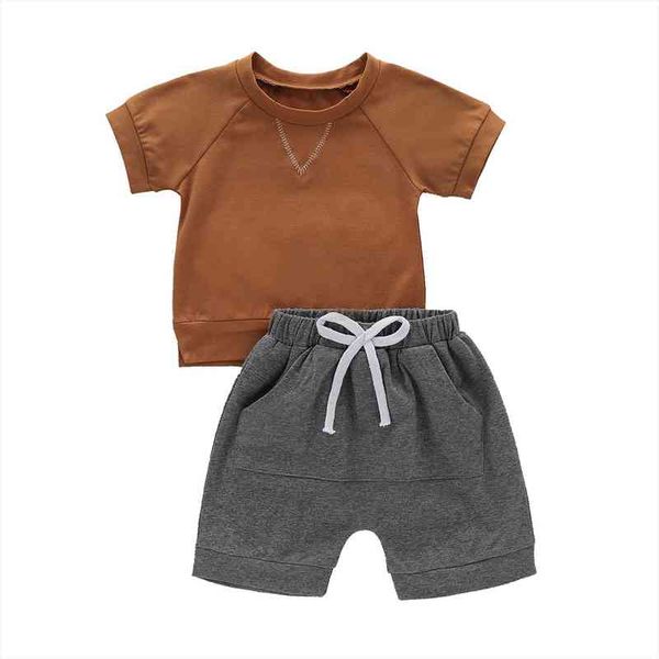 

1-5y summer casual baby boys clothes sets brown solid short sleeve t shirts grey shorts bottoms, White