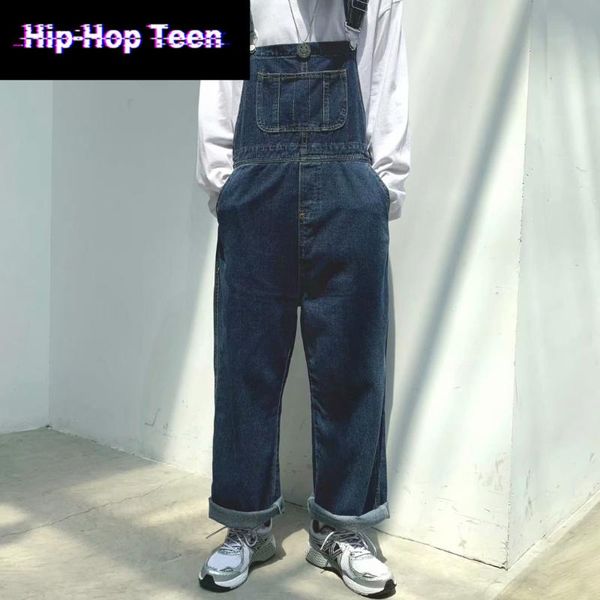 

men's pants hip hop teen jeans jumpsuit denim overalls bule loose bib student japanese streetwear 2021 harajuku, Black